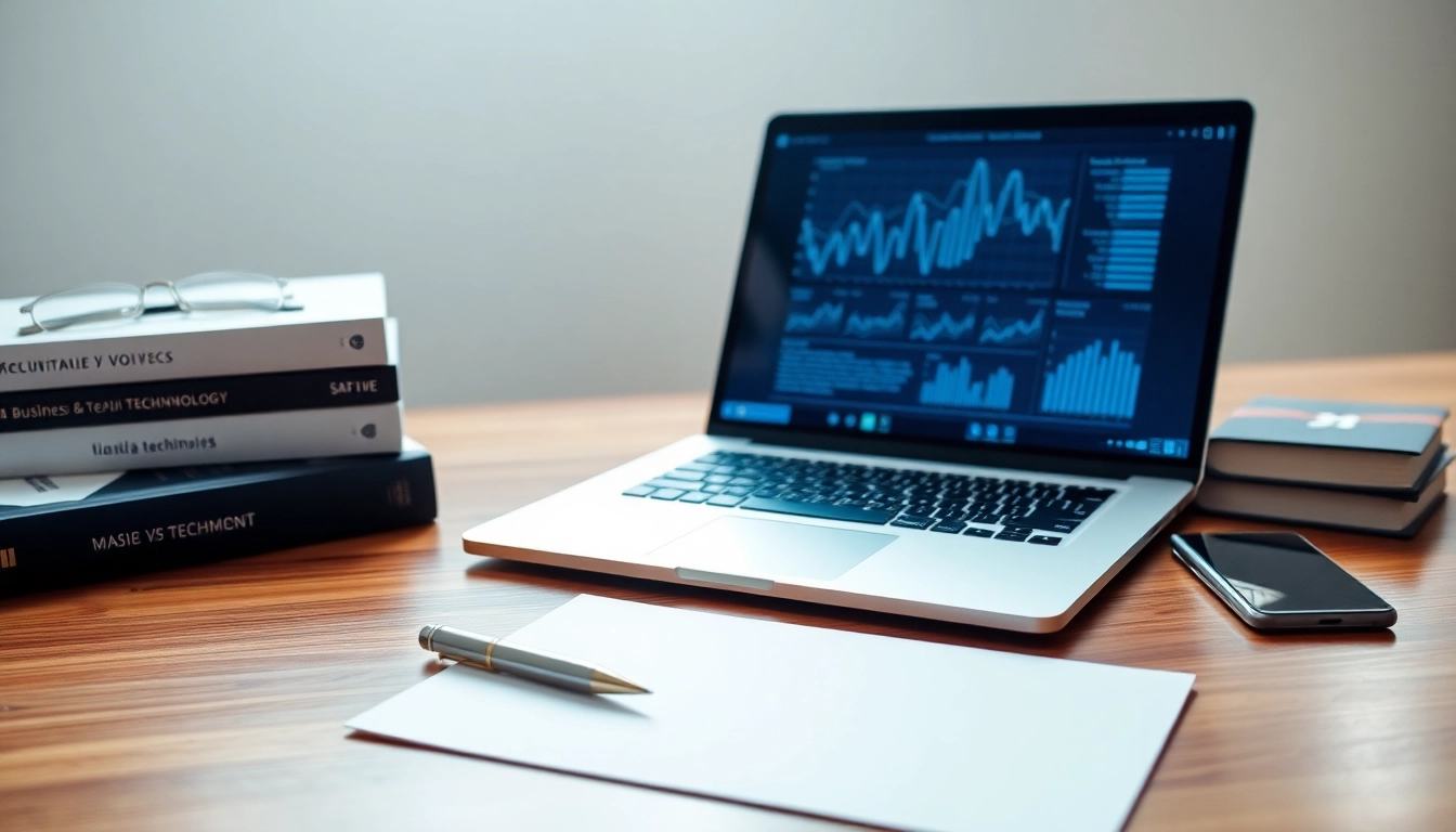Espacio de trabajo minimalista con laptop mostrando gráficos financieros, libros de negocios y tecnología sobre escritorio de madera.