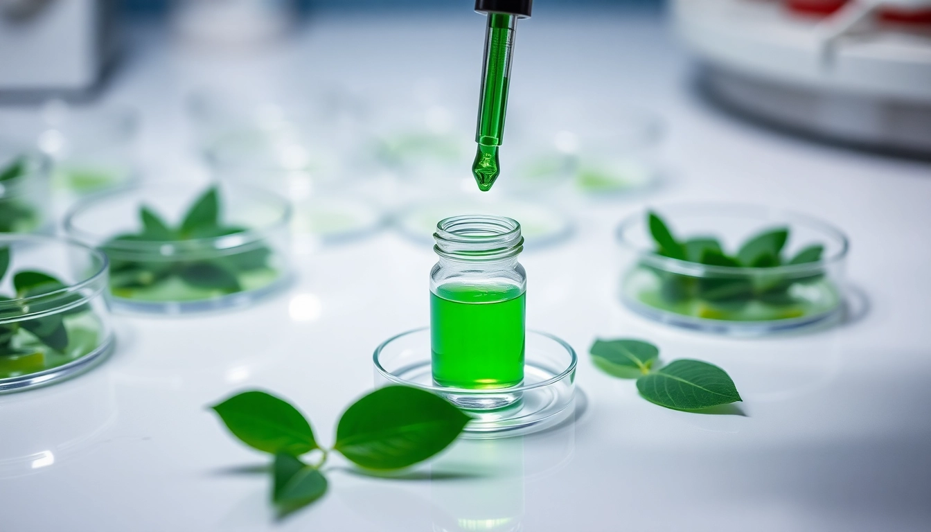 Pipeta de laboratorio dispensando líquido verde sobre vial, rodeado de platos Petri y hojas, resaltando innovación biotecnológica.
