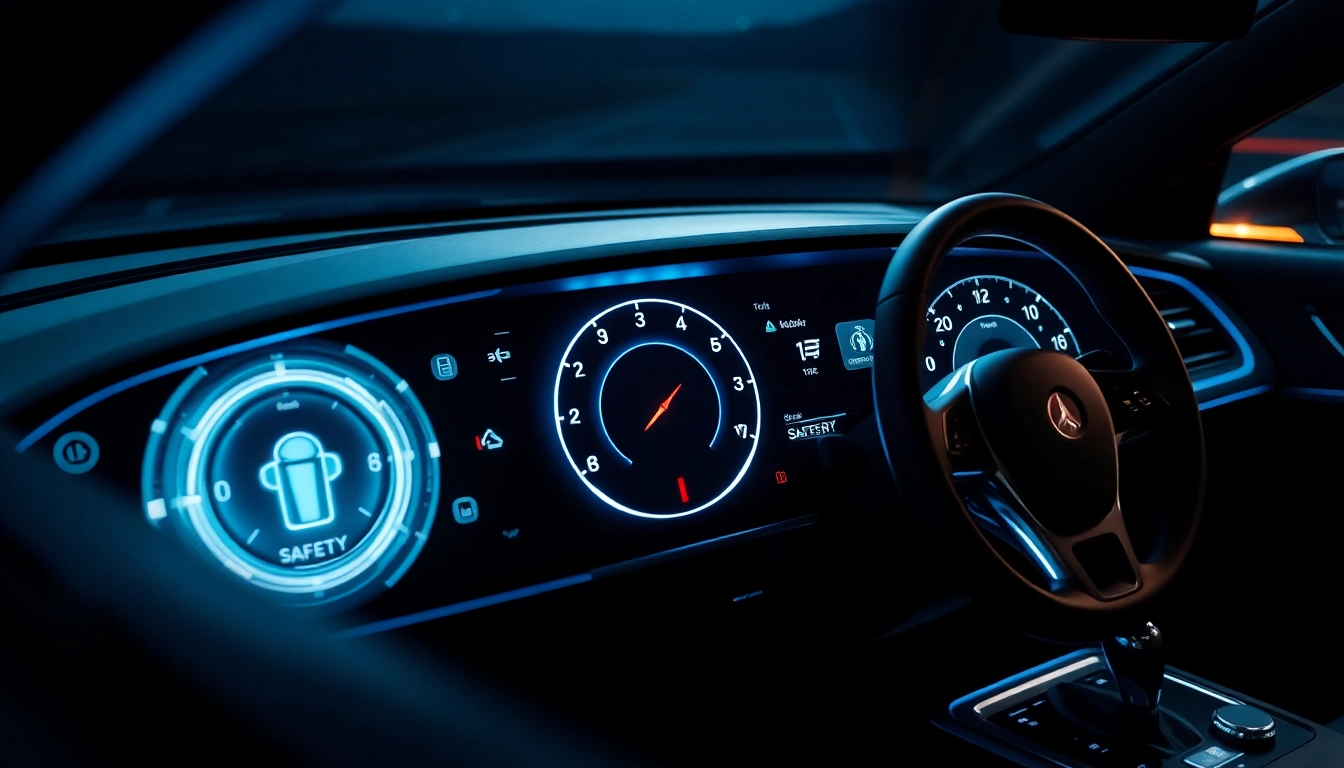 Tablero digital futurista de automóvil con pantallas holográficas y símbolos de seguridad y tecnología en fondo oscuro.