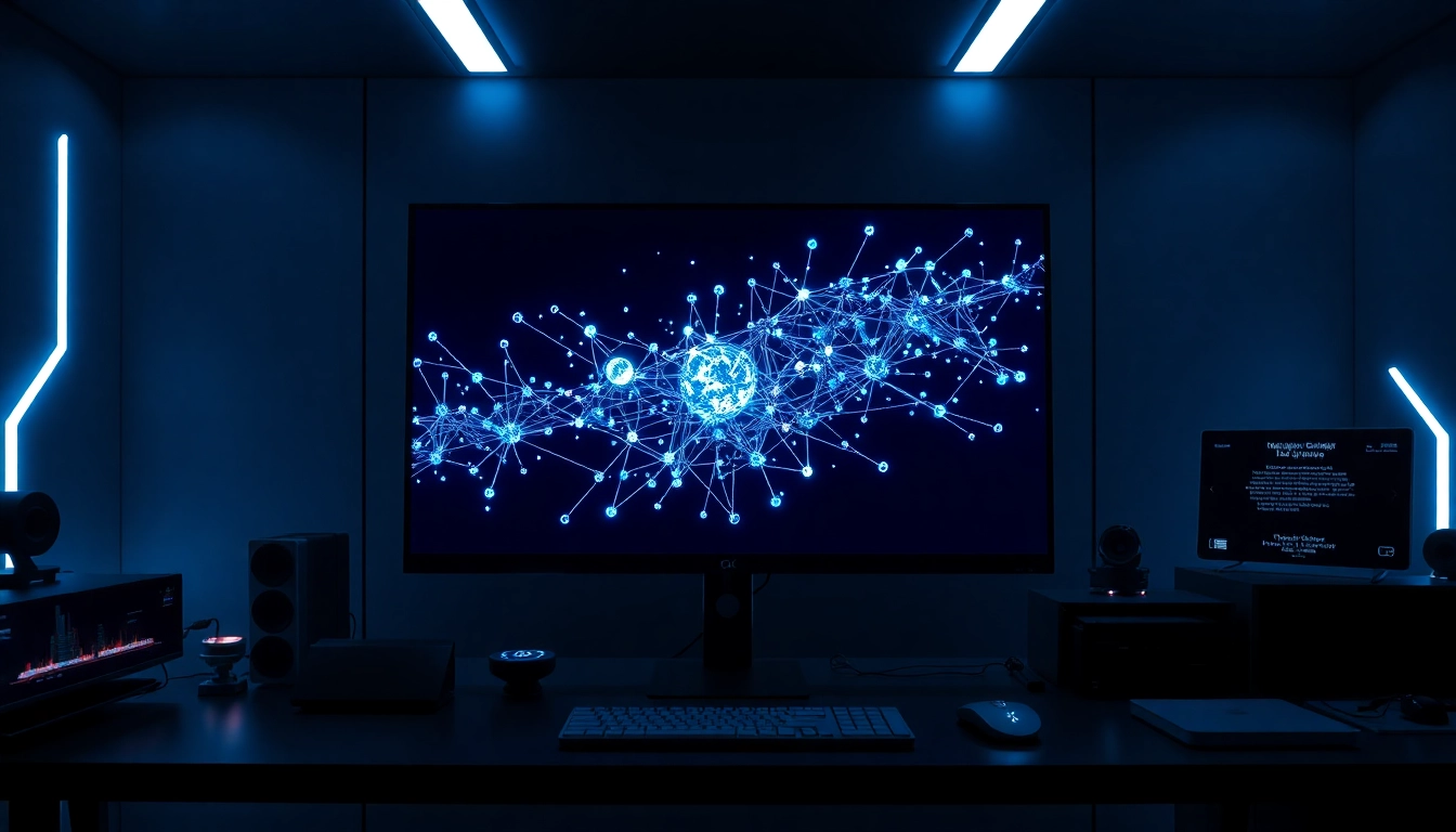 Espacio de trabajo futurista con monitor de alta resolución mostrando red de datos, resaltando análisis avanzado de inteligencia artificial.