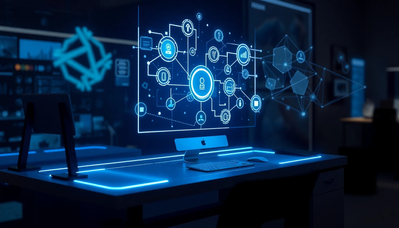 Espacio de trabajo futurista con interfaz holográfica y iconos digitales que simbolizan innovación tecnológica financiera.